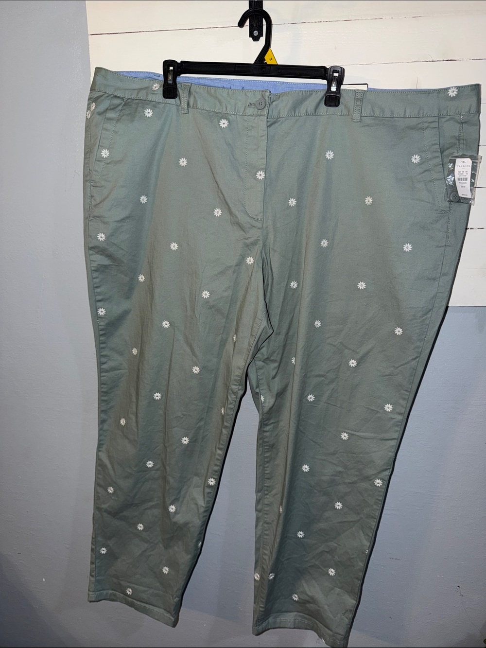 Talbots Olive Straight-Leg Pants with White Daisy Embroidery